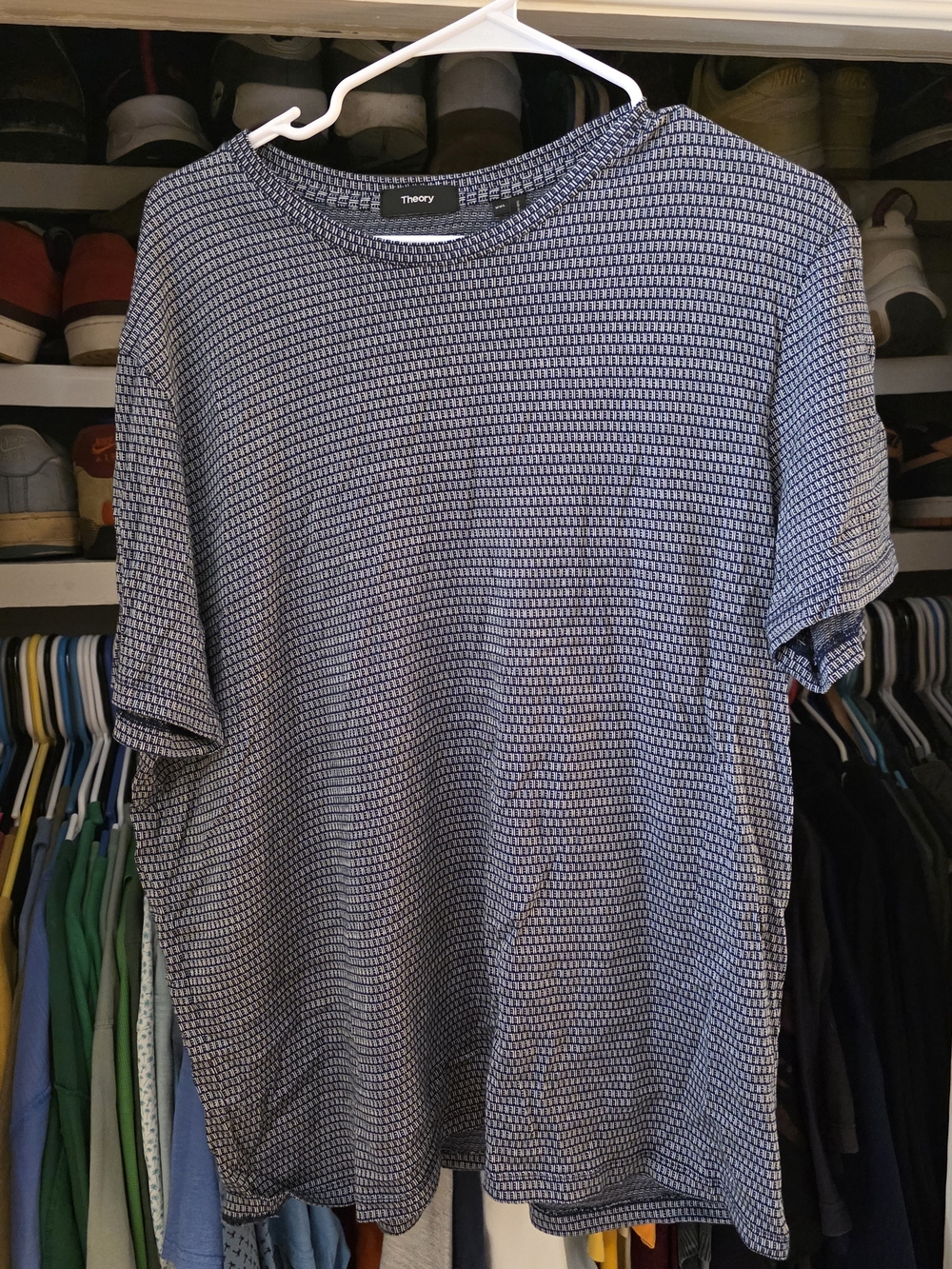 Theory Men's Blue Patterned Short-Sleeve Shirt XXL Fits Like XL
